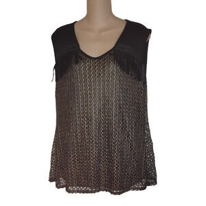 Lily Fairy Grunge Tank Top Sz XL Black & Gold Unique Chain Trim Shell Fringe